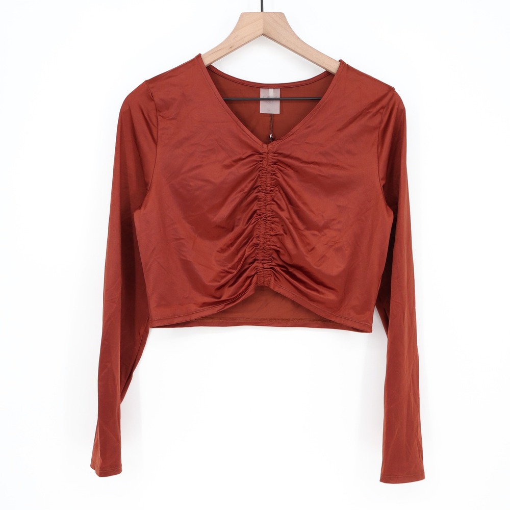 Calia Womens Ruched Long Sleeve Rashguard Red Brown Shine UPF 50+ L - Picture 2 of 7